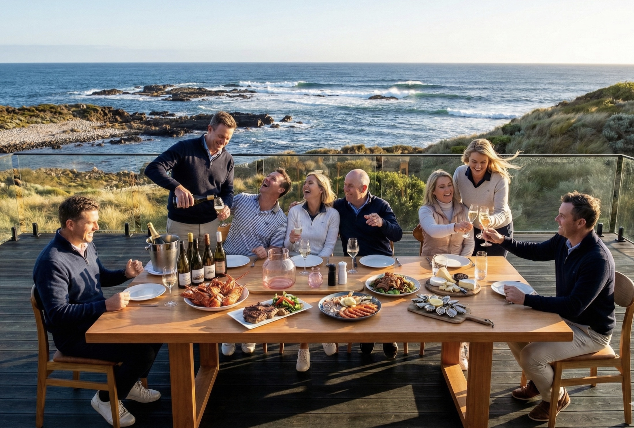 Friends sharing a long lunch overlooking the King Island coast
