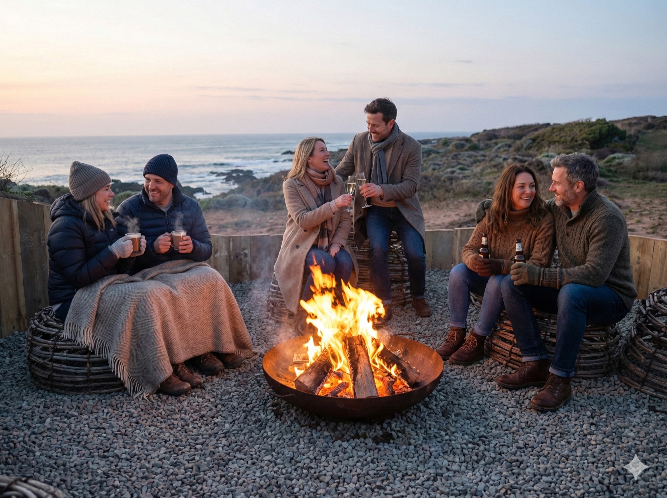Friends relaxing around a fire beside the King Island coast