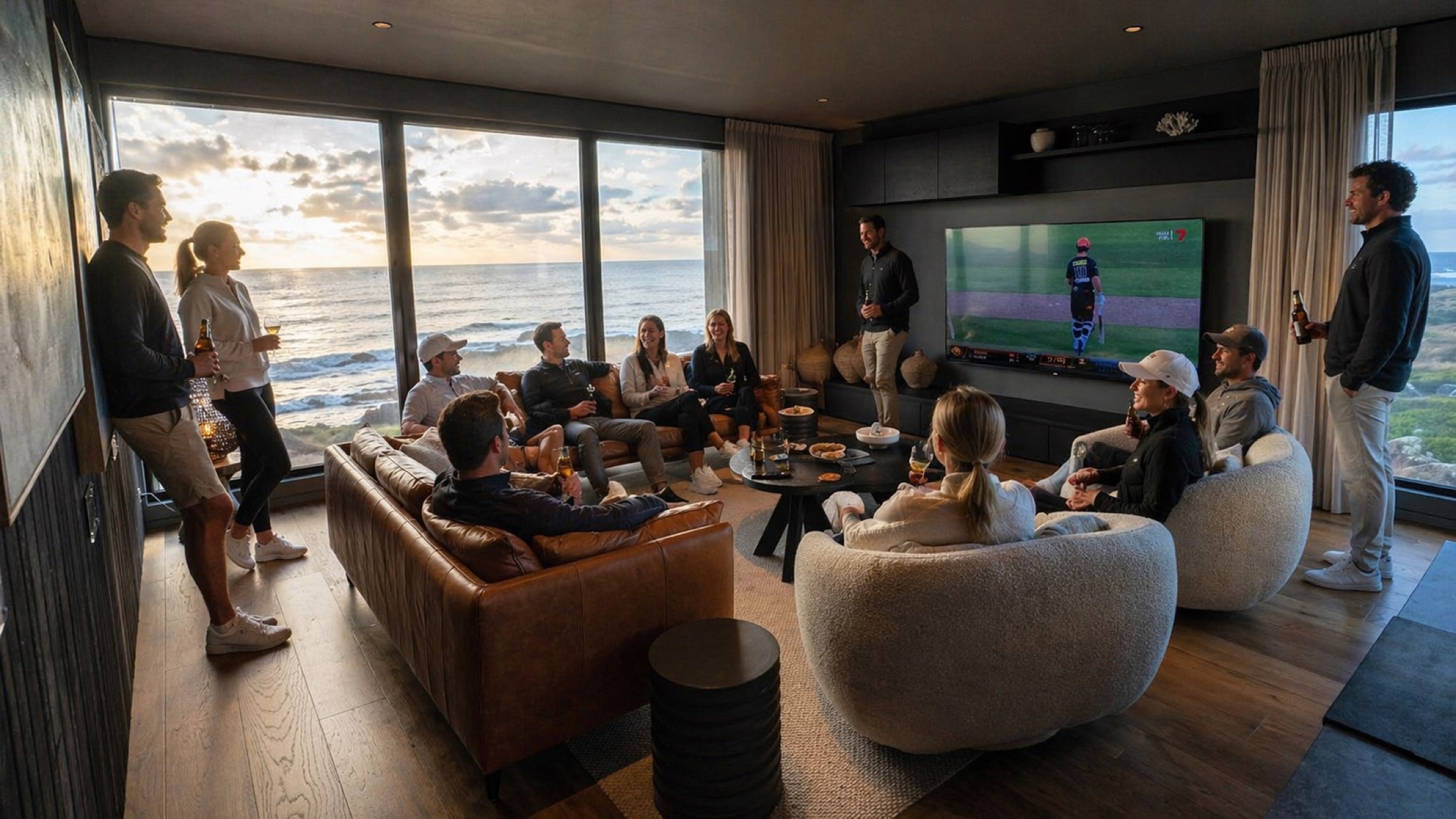 A group relaxing in the lodge sports lounge