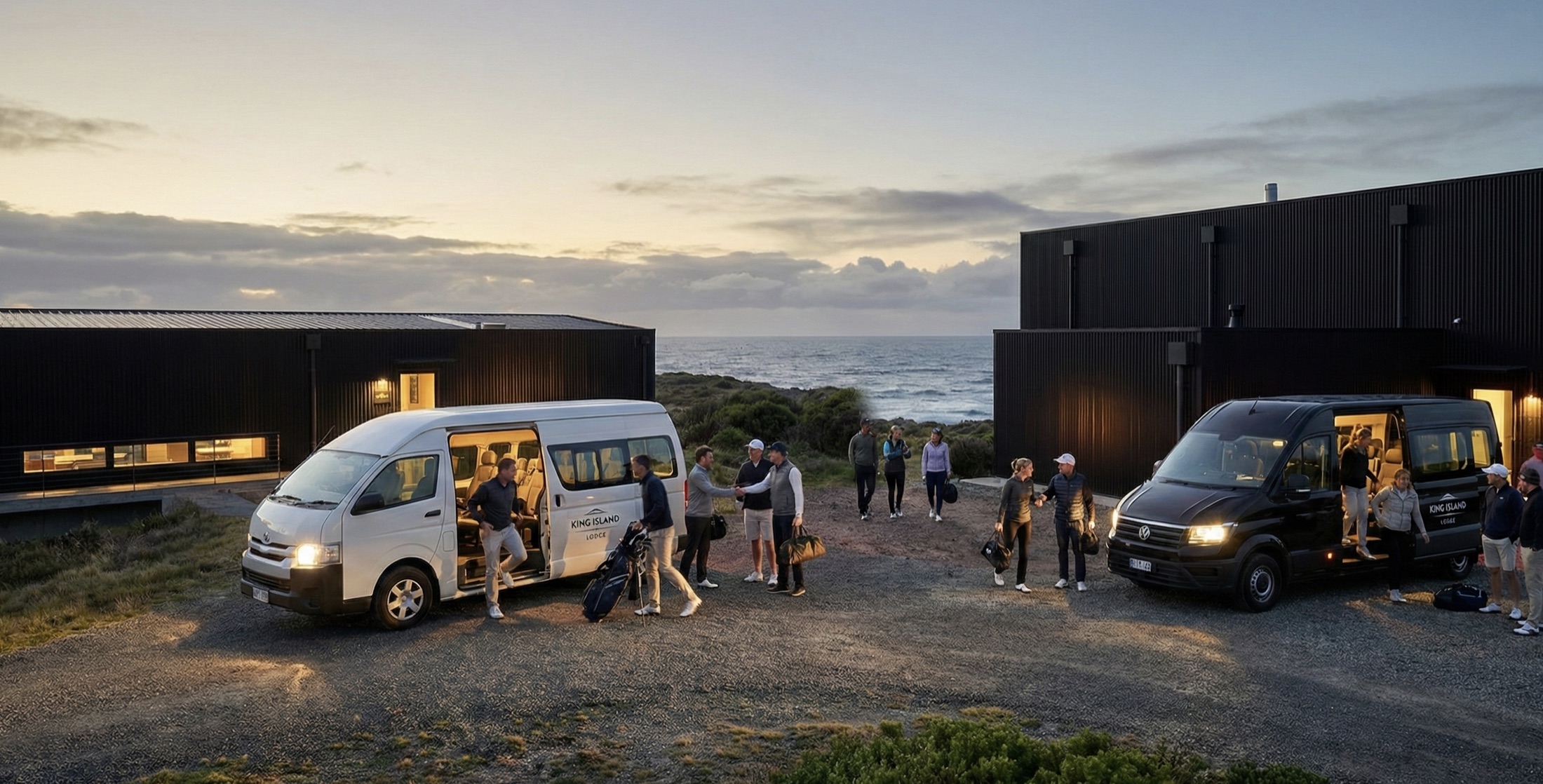 King Island Lodge group transport arriving between the lodges